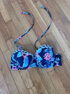 Shade & Shore Navy Floral Bikini Top with Pink & Teal Accents Size 38 B